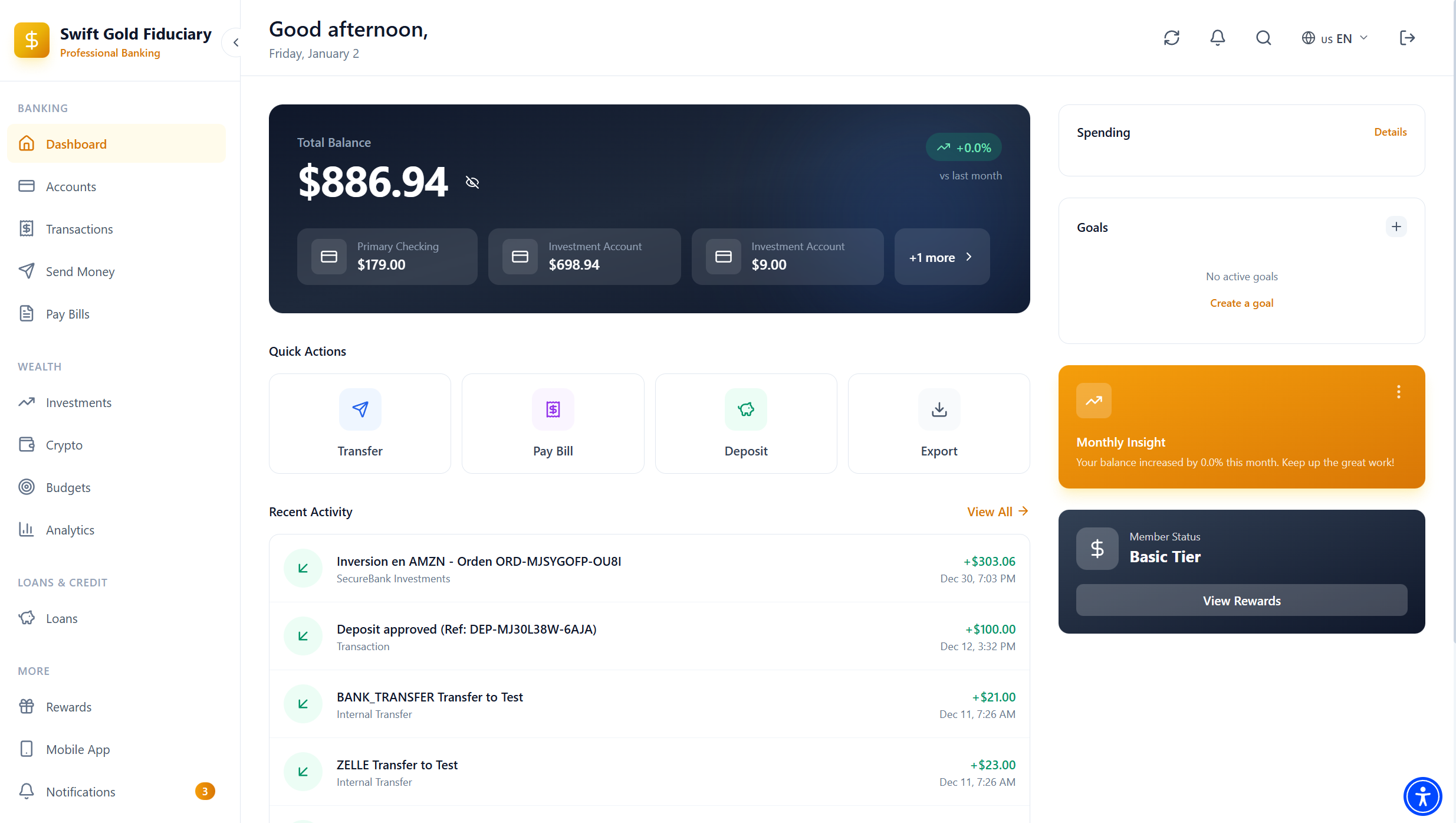 Swift Gold Fiduciary Dashboard